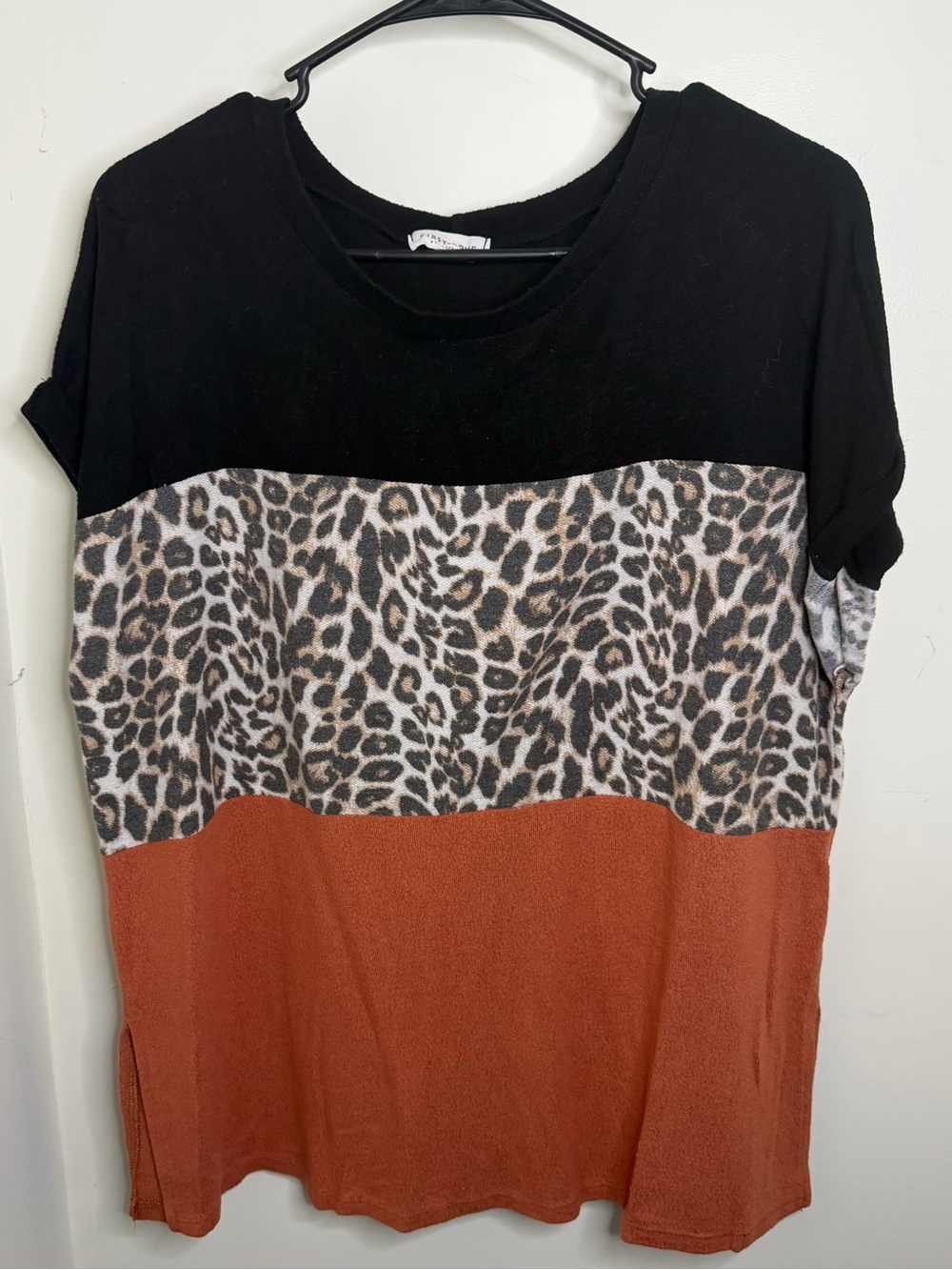First Love Black Leopard Colorblock Top with Rust Panel